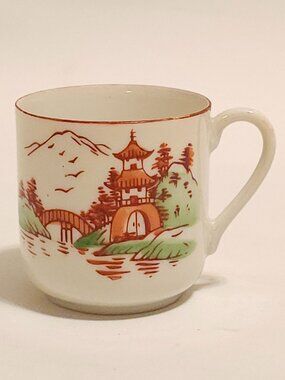 LOVELY Vintage Porcelain Demitasse Japan Cup Old Country Pagoda Bridge Scene